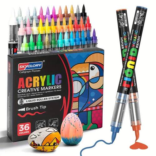 36 brightly colored acrylic markers with soft and flexible b