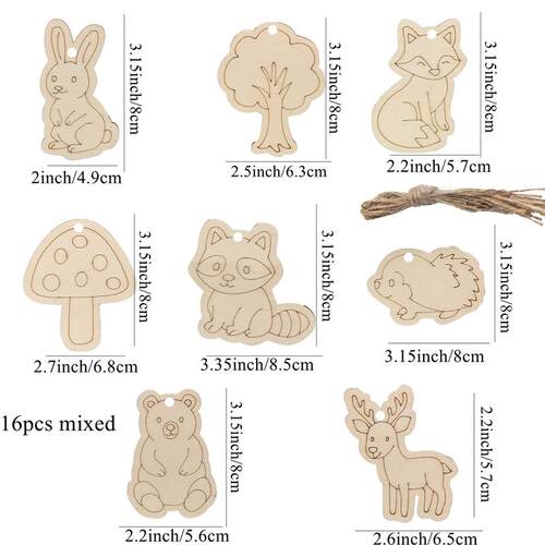 16pcs Mixed Wooden Animal Ornaments Cartoon Fox/Bear/Deer Un