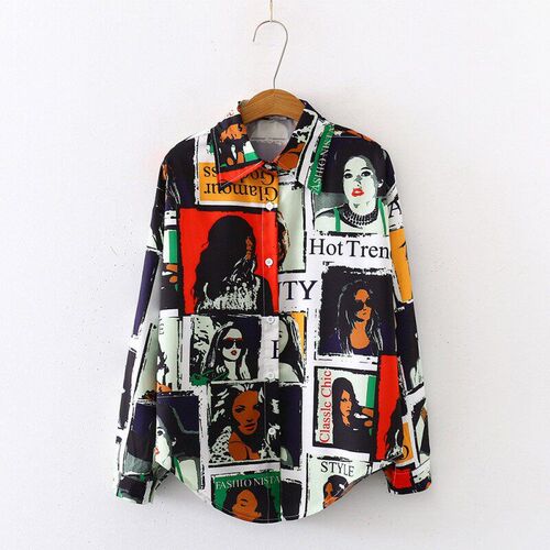 Fashion Blouse Women Vintage Cartoon Print Lapel Shirt Loose