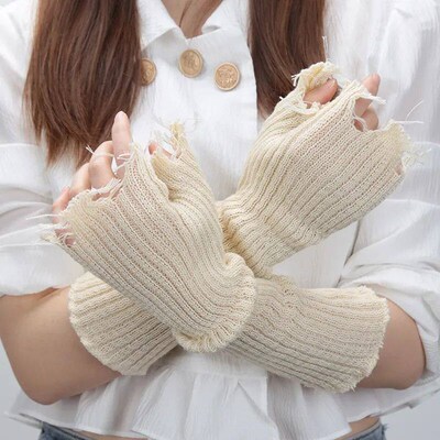 1pair Black Tattered Punk Unisex Fingerless Cuff Knit Gloves