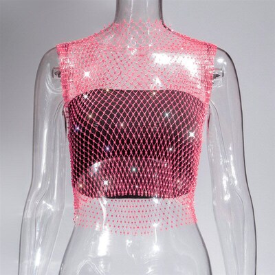 Summer 2025 Rhinestone Fishnet Tops EDM Sparkling Diamond Wo
