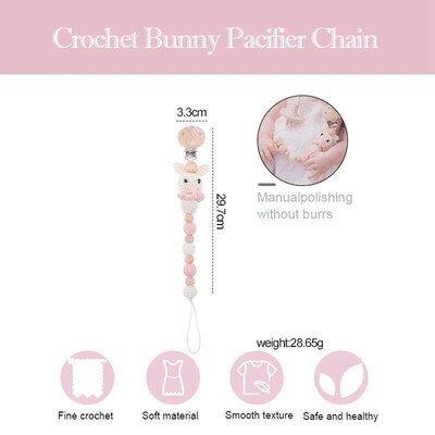 1pc Bunny Pacifier Chain Clip Wood Crochet Rabbit Teething C