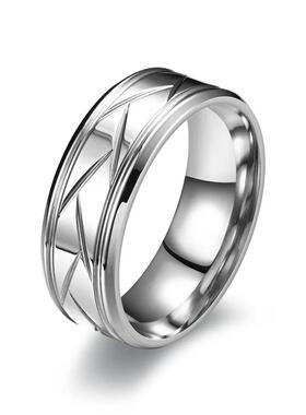 Mens Silver Color Black Stainless Steel Ring Groove