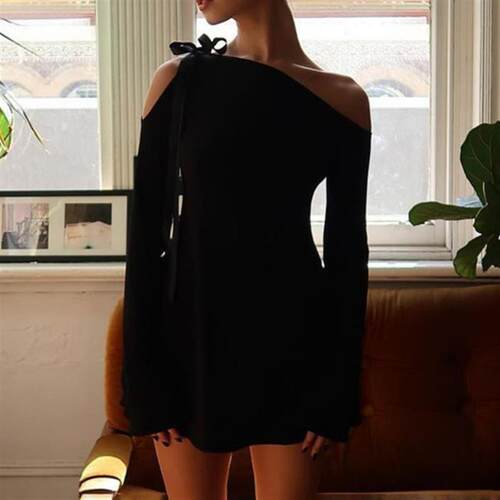 Autumn Fall Long Sleeve Elastic Slim Short dress A-line Skir