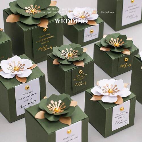 10pcs Forest Style Green Wedding Candy Box Square Three-dime