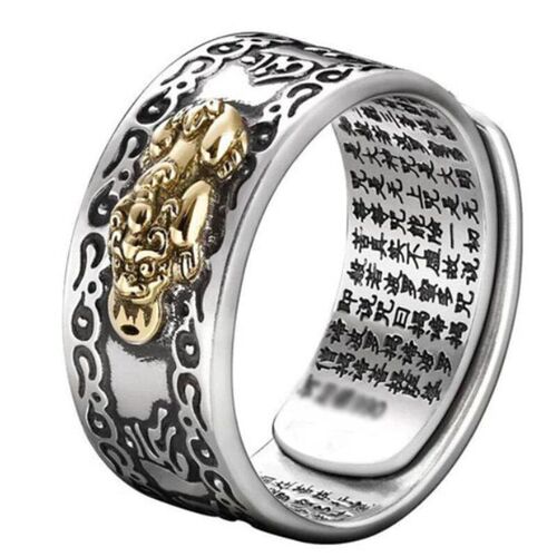 Chinese Feng Shui Pixiu Ring Silver Plated Copper Coins Adju