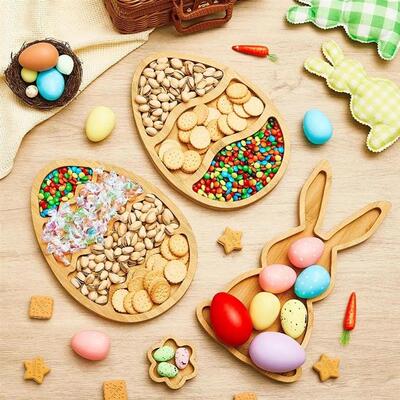 Cute Easter Bunny Serving Tray Cartoon Wooden Dining Plate M