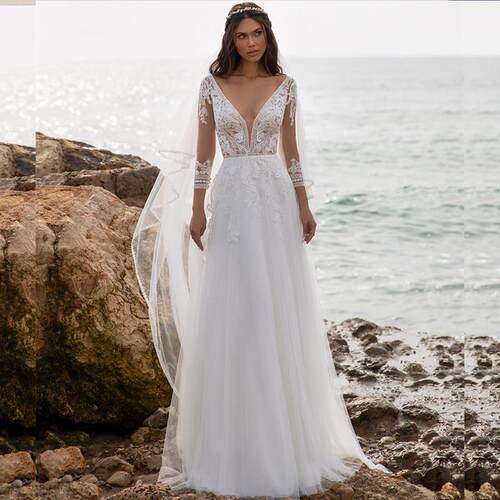 Boho Beach Wedding Dress 2021 A-Line V-Neck Long Sleeve Lace