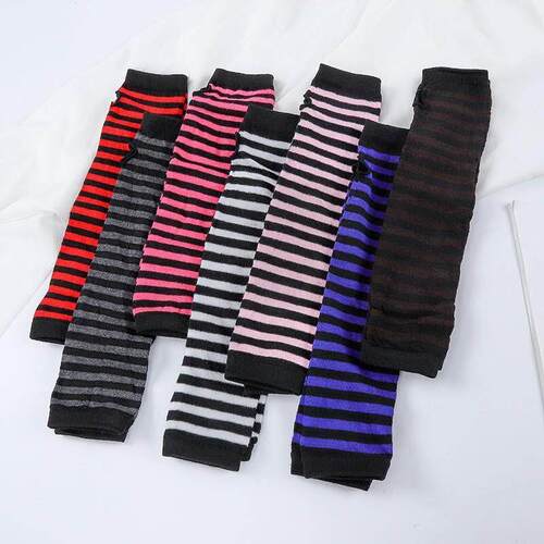 Fashion Women Autumn Winter Elbow Gloves Warmer Striped Knit