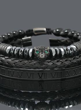 Black Stone Hematite Beads Men Skull Crown Leopard Head