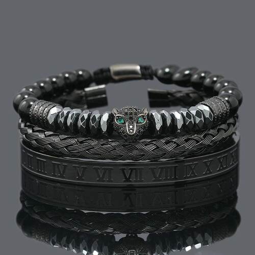 Black Stone Hematite Beads Men Skull Crown Leopard Head