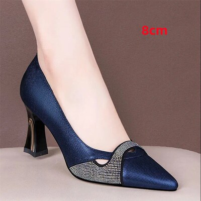 Women Classic Navy Blue Crystal Shining High Heel Shoes Lady