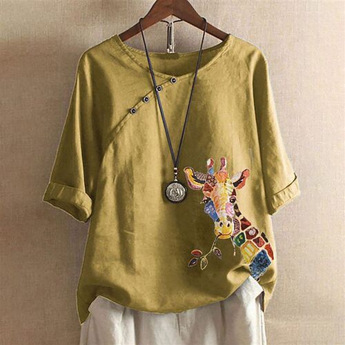 40# Kawaii Giraffe Print Blouse Women Button Cotton Linen Pl