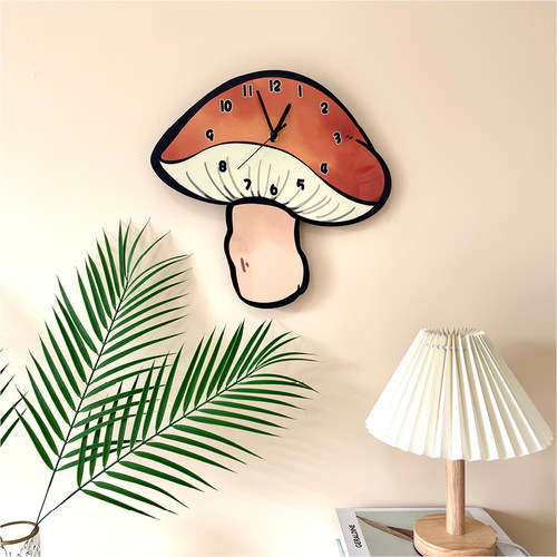卡通香菇蘑菇创意个性装饰挂墙钟表幼儿园菜店餐饮店静音挂钟时钟