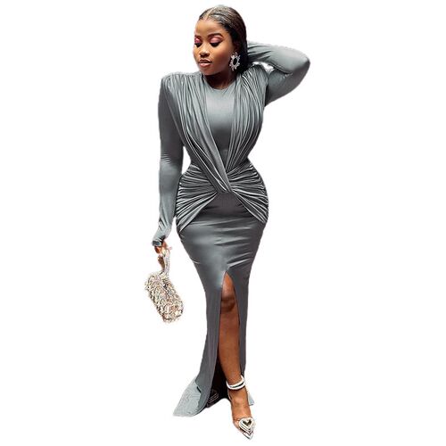 INS Fashion Round Neck Long Sleeve Slimming Slit Dress for W