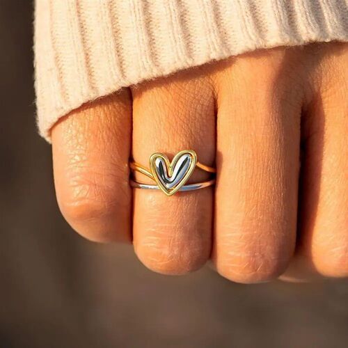 2Pc Heart Layered Ring Set for Women Dainty Self Love Heart