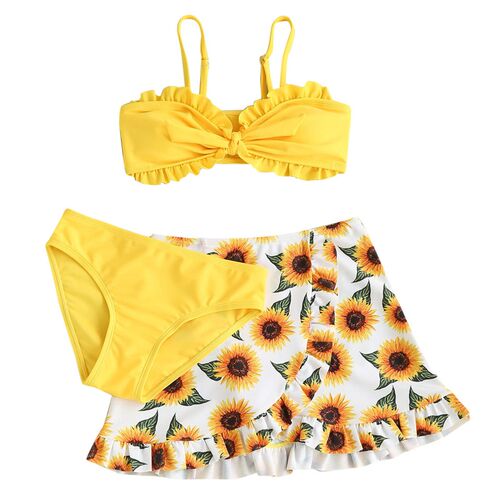 Girls Sunflower Print Cute Swimsuit Bikini 3 Piece Set Swimw