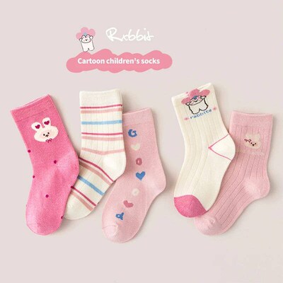 5 Pairs Kids Girls Mid-Calf Socks Cartoon Rabbit Design Stri