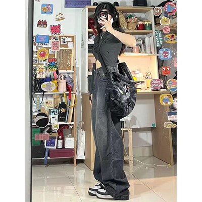 Women Vintage Sreetwear Black Baggy Korean Jeans High Waiste