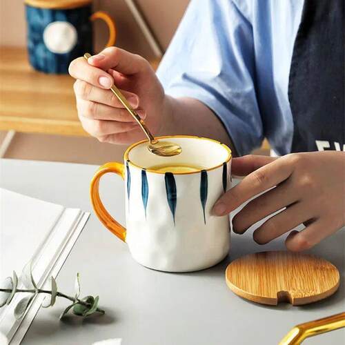 400ml Japanese Ceramic Mug With Spoon Lid Coffee Cup Milk oa