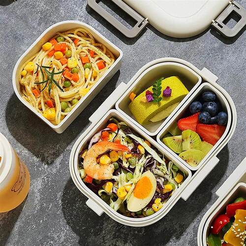 Portable Plastic Bento Lunch Box With 3 Removable Compartmen