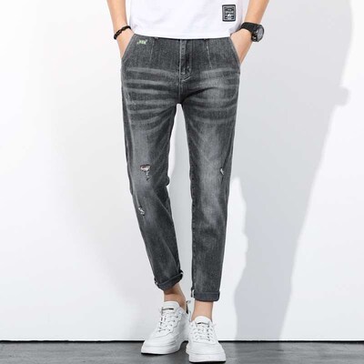 Ripped Jeans Mens Cropped Pants Slim-fit Summer Thin tendy