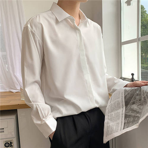 Korean Fashion New Drape Shirts for Men Solid Color Long Sle