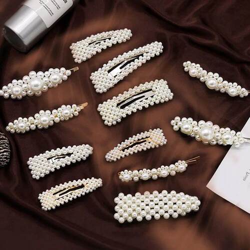 Simulated Pearl Barrettes Beaded Geometric Women Hair Clip H