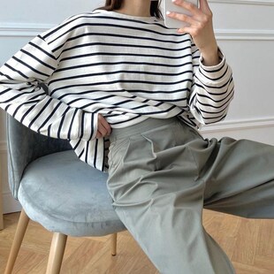 WOTWOY Casual Striped Long Sleeve Knitted T-shirt Women 2023