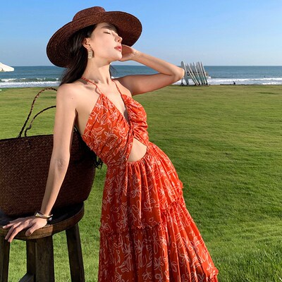 Beach Holiday Bohemian Long DressFloral Halter Dress for Wom