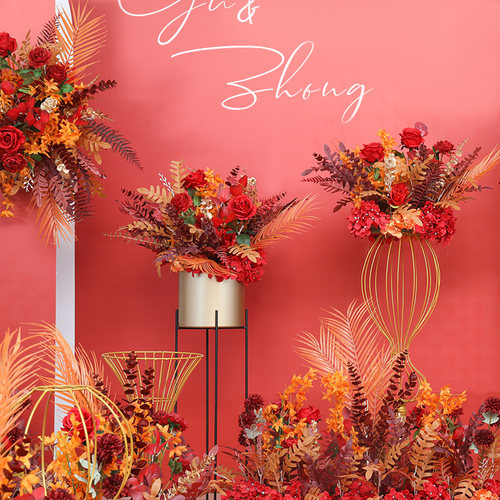 红色婚庆地排花婚礼成品花布置花装饰花拱门花路引花花排绢花假花