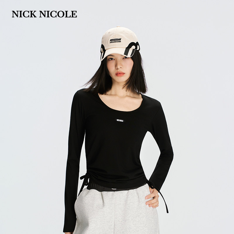 NICK&NICOLE2026秋季新款韩版时尚T恤两边抽绳长袖打底衫修身潮流