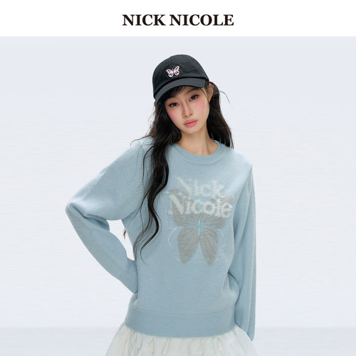 NICK&NICOLE小蝴蝶秋季新款休闲圆领宽松毛衣女通勤长袖松弛韩风