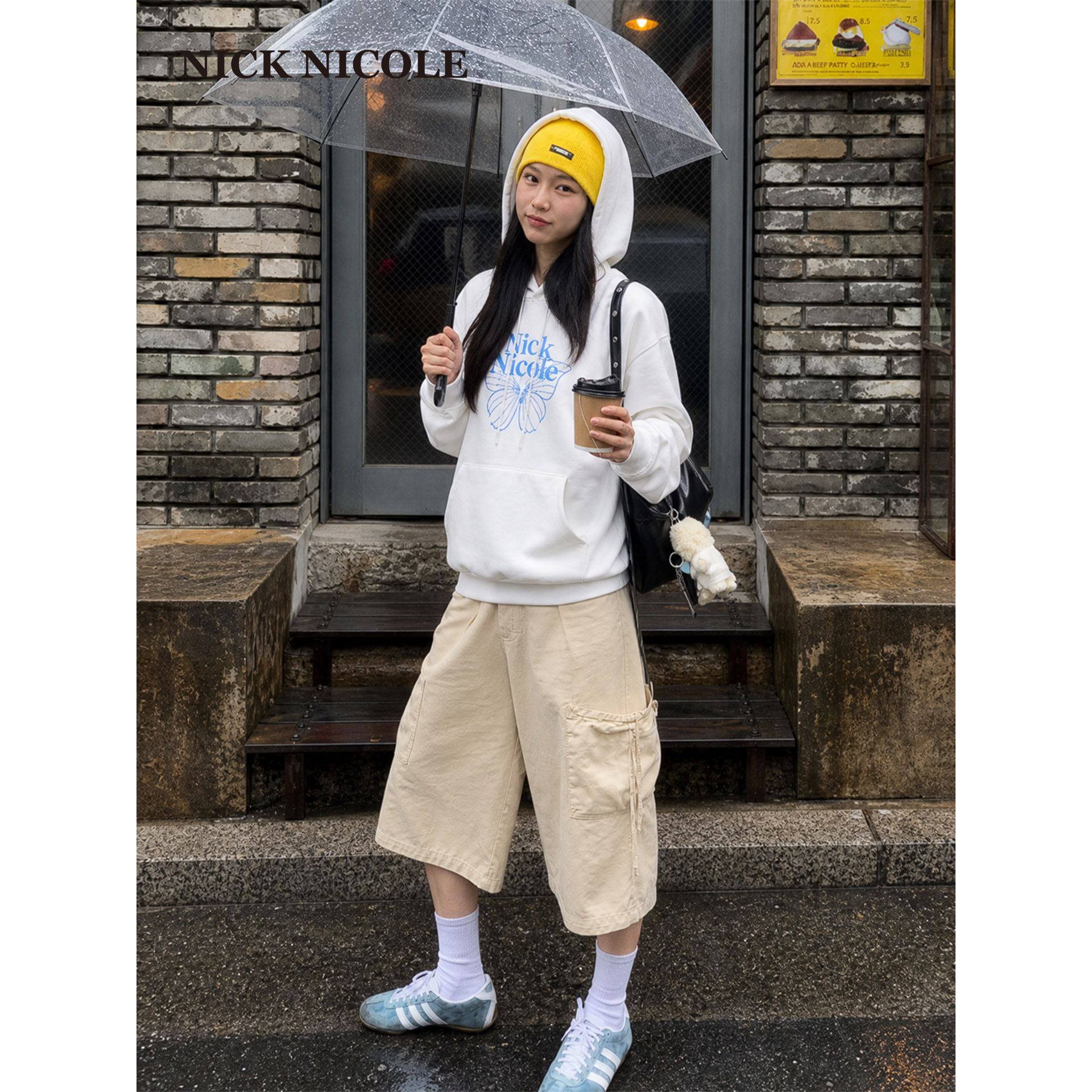NICK&NICOLE26秋季蝴蝶字母印花连帽卫衣女韩版宽松休闲上衣新品