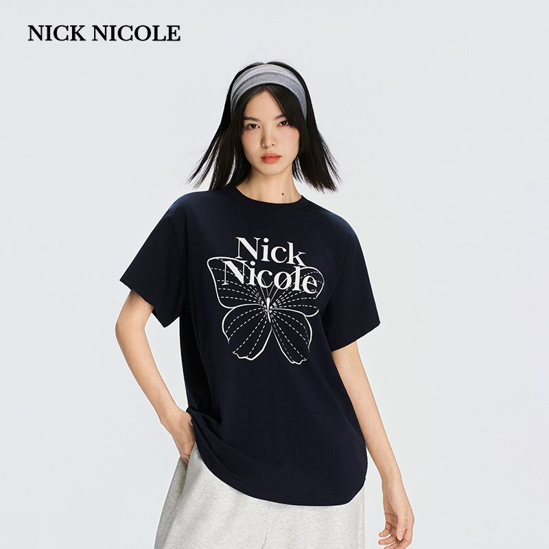 NICK&NICOLE2026新款韩版时尚二排字母蝴蝶短袖T修身可爱百搭休闲