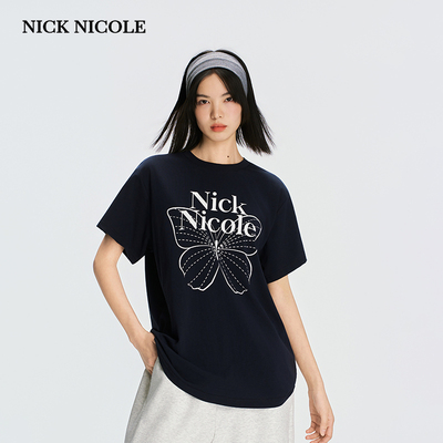 NICK&NICOLE2026新款韩版时尚二排字母蝴蝶短袖T修身可爱百搭休闲