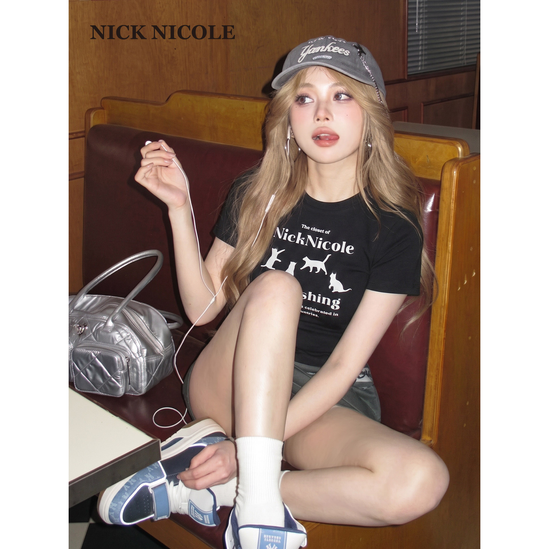 NICK&NICOLE2026夏季新款韩版时尚短袖小猫印花百搭修身舒适休闲