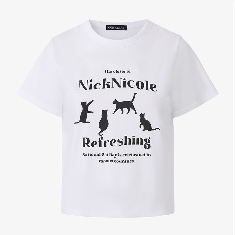 NICK&NICOLE2026夏季新款韩版时尚短袖小猫印花百搭修身舒适休闲