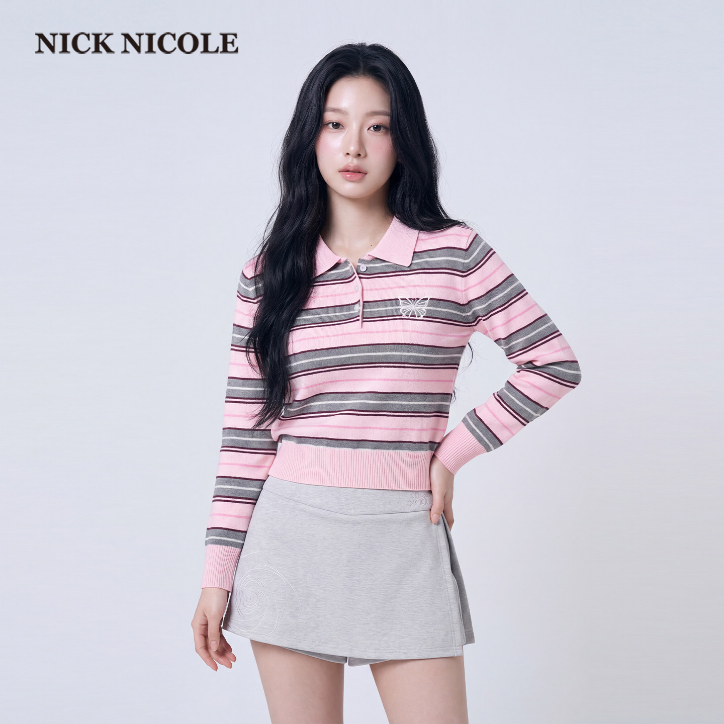 NICK&NICOLE小蝴蝶2026秋条纹学院风polo领毛衣针织衫女松弛韩风