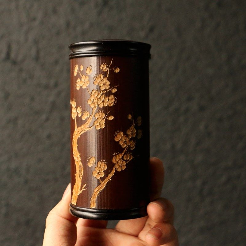 精品纯手工雕刻梅花图老煤竹茶叶罐竹雕竹制茶仓把玩竹茶筒罐