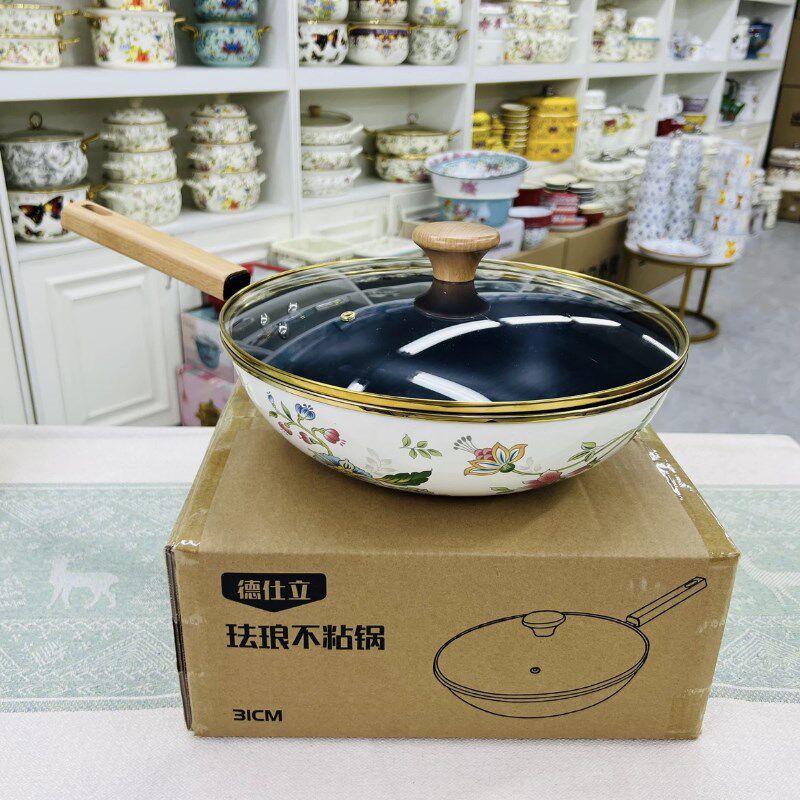 珐琅搪瓷纳米微陶炒锅无涂层加厚不粘锅木柄燃气电磁灶通用炒锅