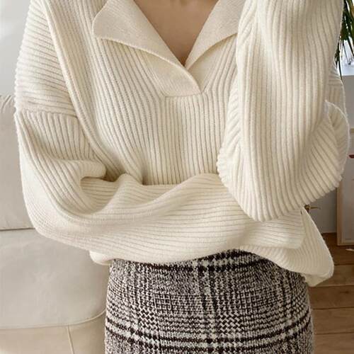 ITOOLIN Winter Women Knitted Ribbed Loose Cashmere Sweater V