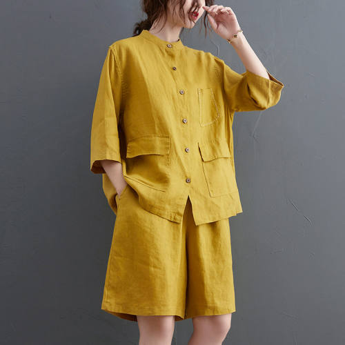 Cotton Linen Suit Womens Summer Loose Large Size Solid Stand