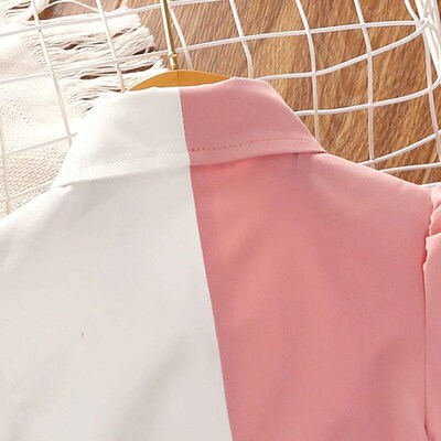 Summer Girls Dress Shirt Patchwork Color Lapel Puff Sleeve