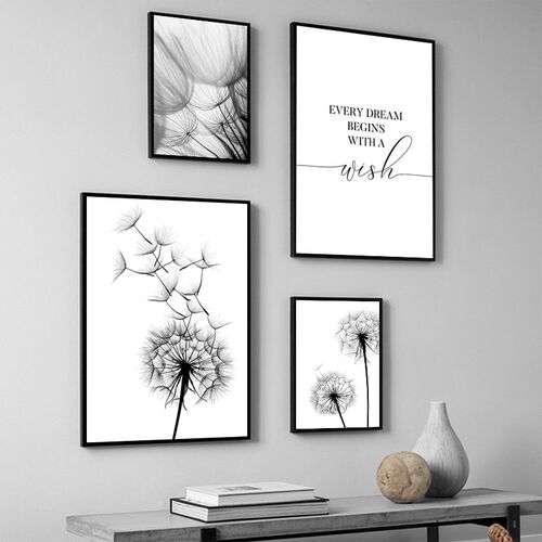 Modern Dandelion Wall Art  Painting Black White Wish Quote P