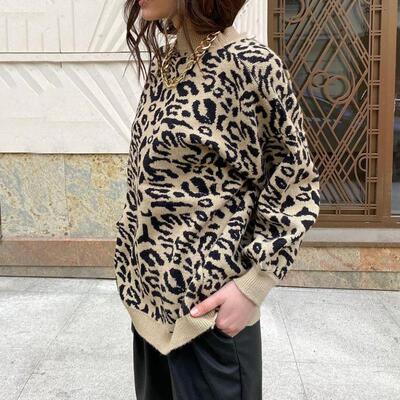 2021 Retro Leopard Print Women Sweater Set O Neck Pullover J
