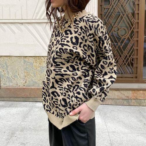 2021 Retro Leopard Print Women Sweater Set O Neck Pullover J