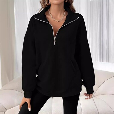 Zipper Collar Plain Casual Sweatshirt for Women 2025 Euro Au