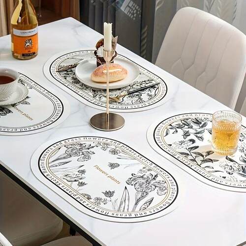 Floral Elliptical Placemats, PU Leather Sketch Flowers Patte