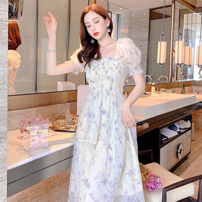 Zoki Elegant Floral Chiffon Party Dress Women Fashion Puff